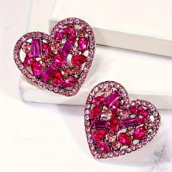 14K Gold Plated Pink Rhinestone Heart Stud Earring NWT - Picture 1 of 6